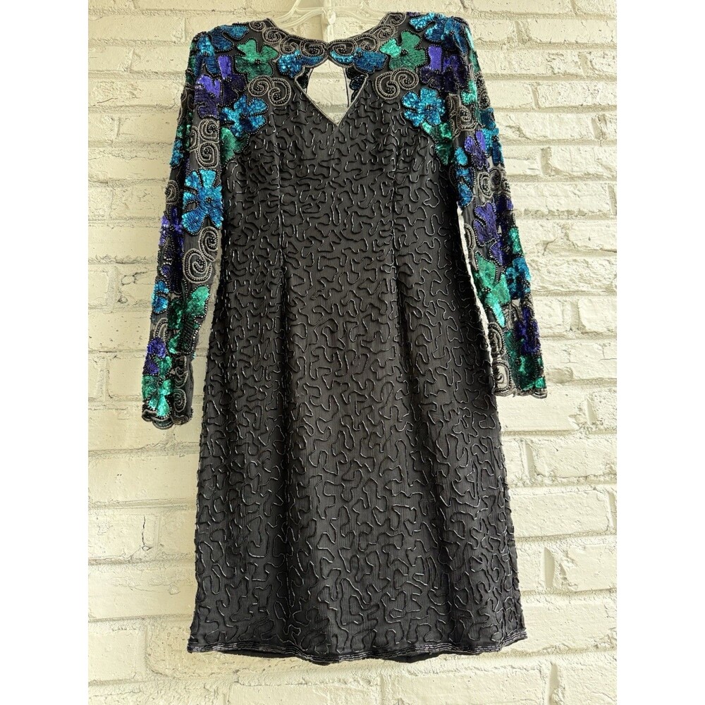 Vintage Laurence Kazar Cocktail Dress Black Beaded Sequined 100% Silk. Small